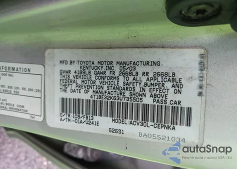 2003 Toyota Camry Le from USA, damaged, VIN 4T1BE32K63U735505